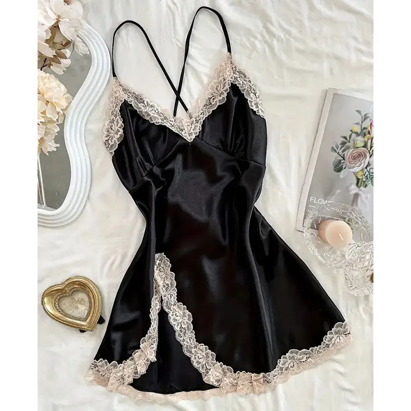 Luxury Black Lace Nightdress – Satin Sleepwear