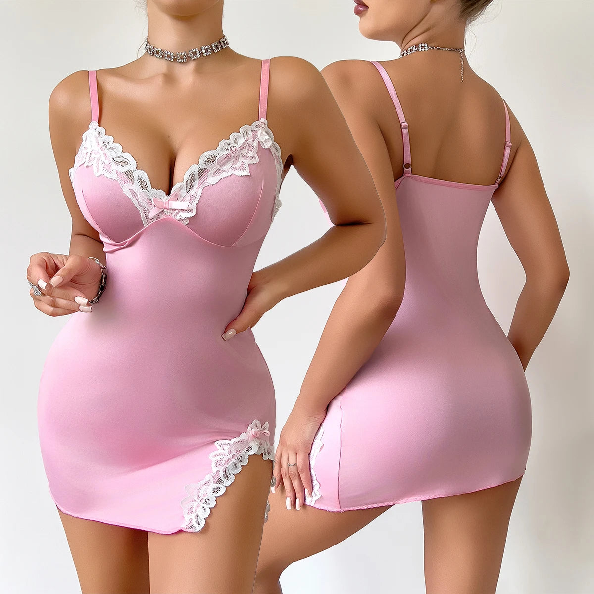 Luxury Pink Satin Slip Dress – Soft Lace Nightwear