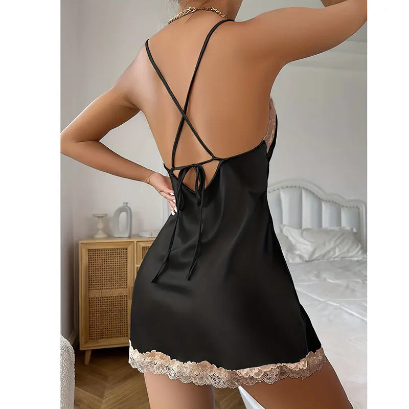Luxury Black Lace Nightdress – Satin Sleepwear