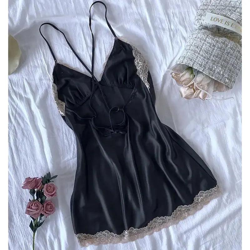 Luxury Black Lace Nightdress – Satin Sleepwear